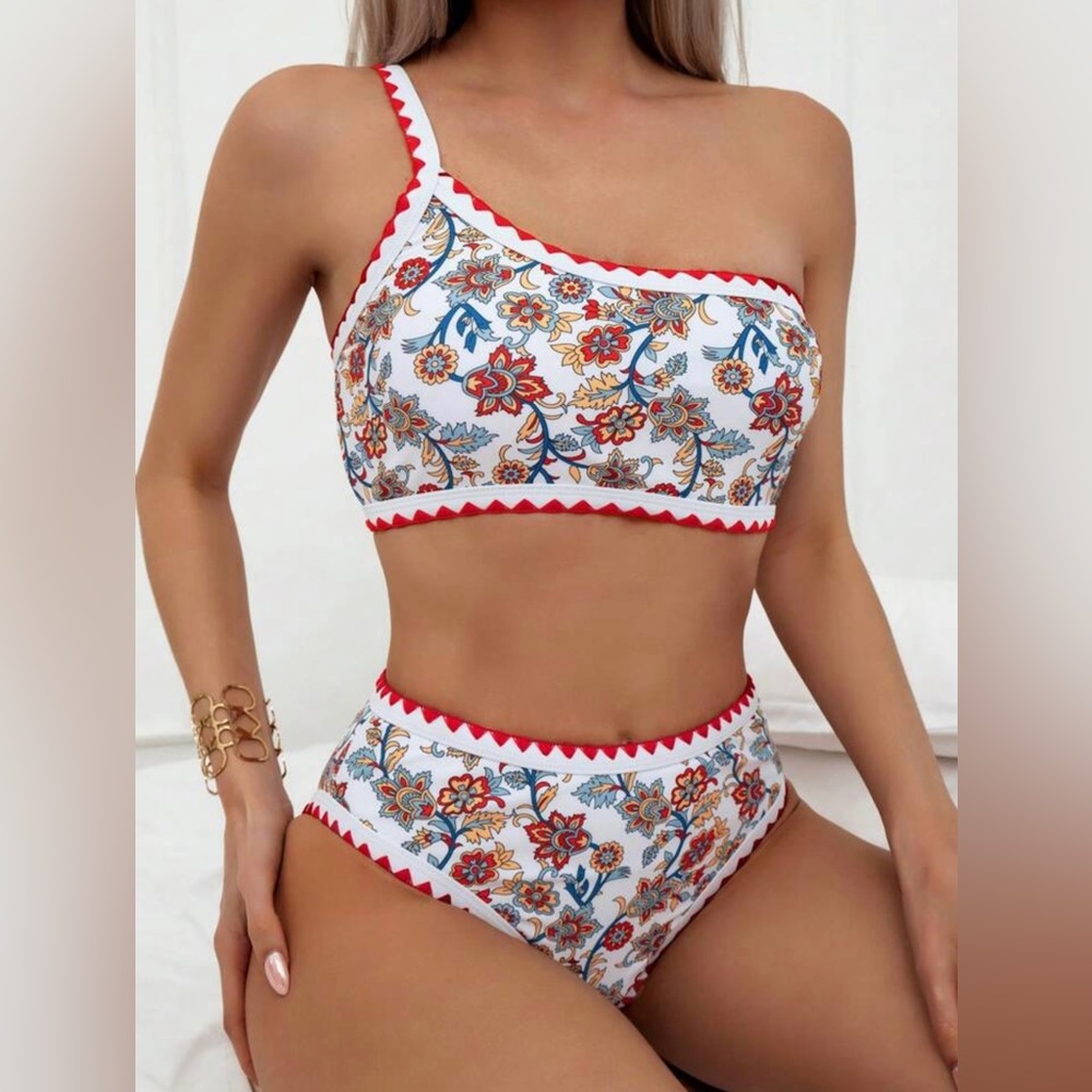 SHEIN Swim Mod Paisley Print Whip Stitch One Shoulder Bikini Swimsuit Size 4(S)